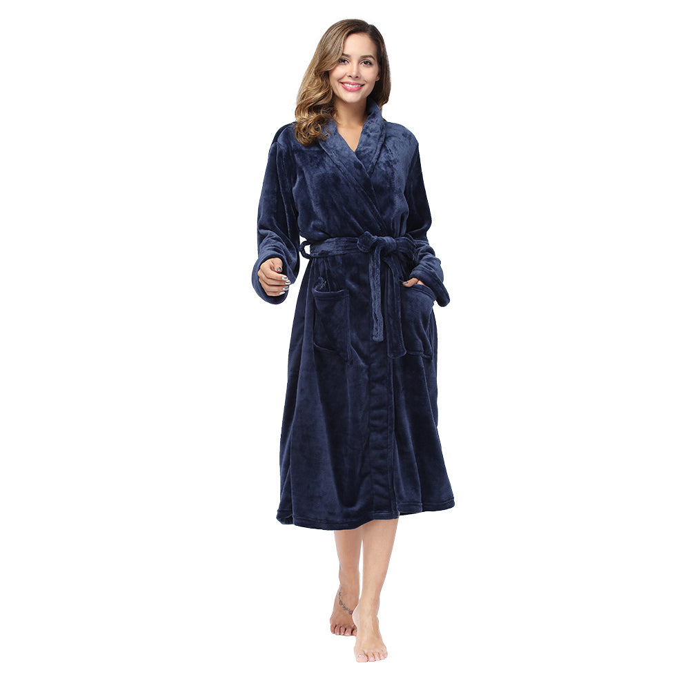 Women's Navy Blue Collared Flannel Robe - view 3