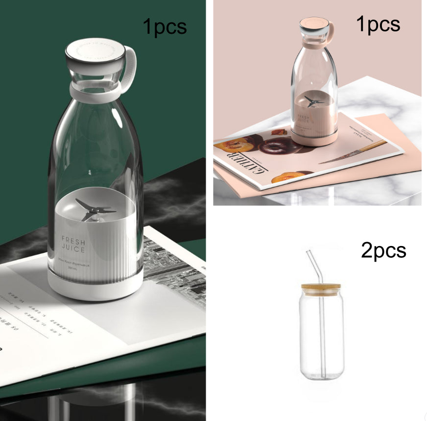 White and pink portable blenders pictured with a straw drinking glass and quantity labels