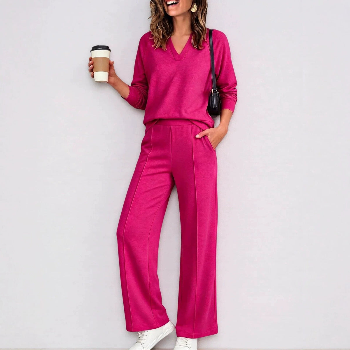 Women's Solid Color V-Neck Sweatshirt & Casual Trousers Set - product image 1