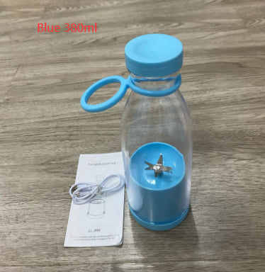 Blue portable blender pictured with cable and instructions, labeled 380 ml
