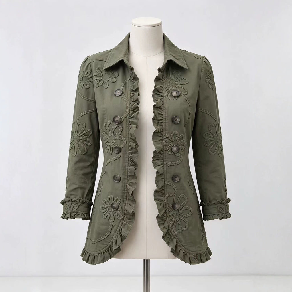 Olive collared jacket on a mannequin with floral detailing and ruffled hem