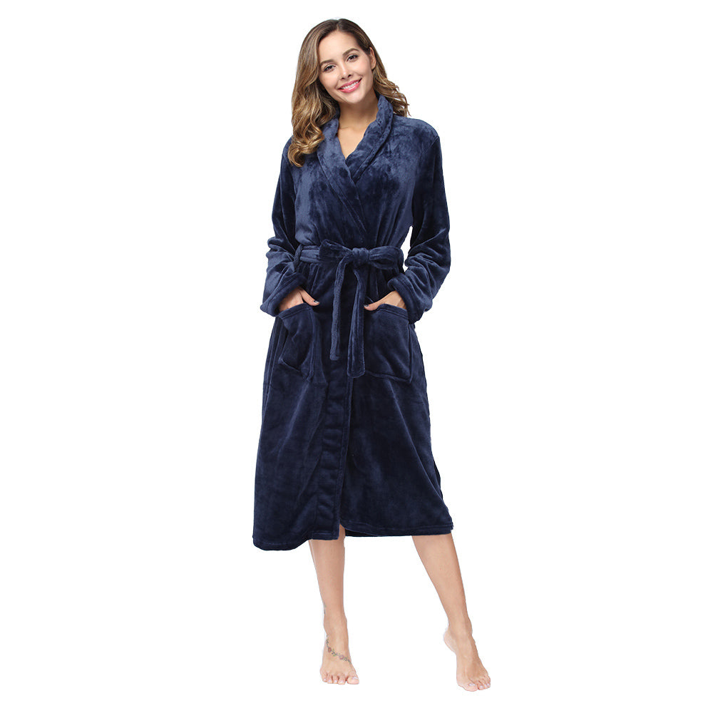 Women's Navy Blue Collared Flannel Robe - view 2