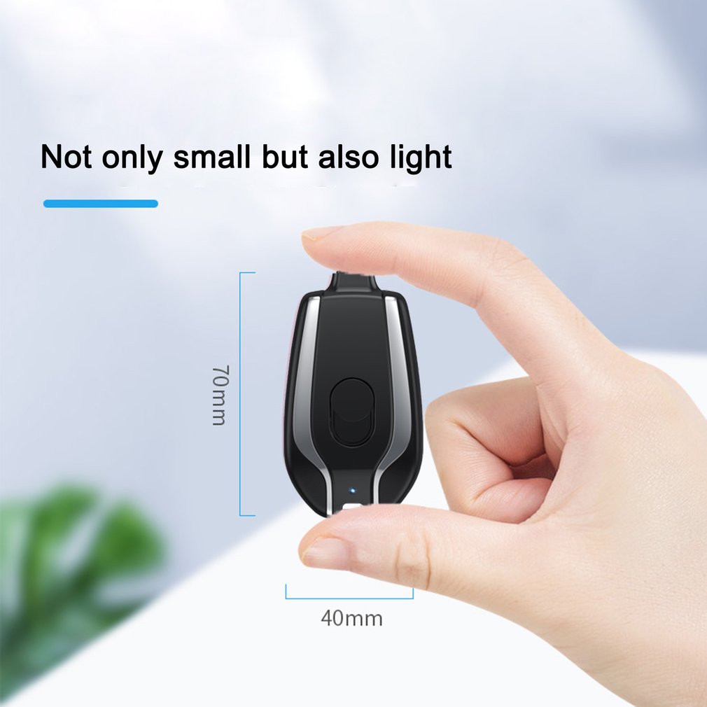 Diagram of miniature keychain power bank labeled 70 mm by 40 mm