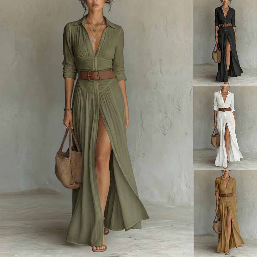 Collage of olive, black, white and brown button-front maxi shirt dresses styled with belts