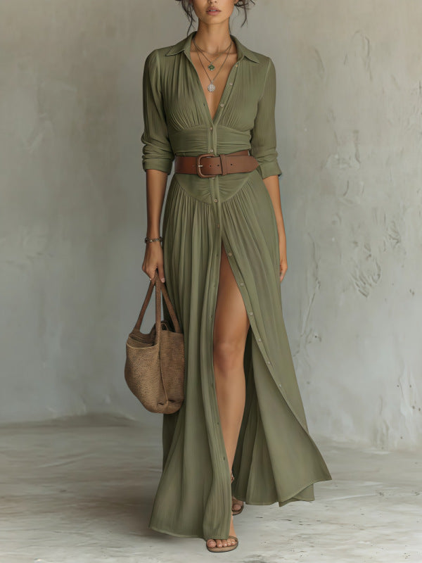 Olive button-front maxi shirt dress shown on a model with a handbag