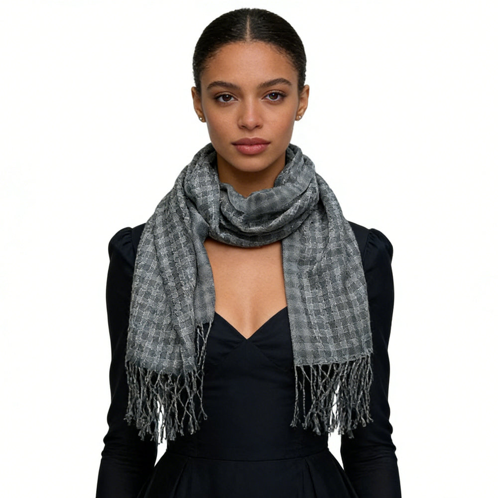 Gray fringed acrylic scarf