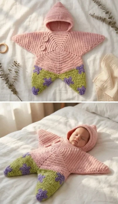 Collage showing a pink and green star-shaped crochet outfit laid flat and worn by a baby