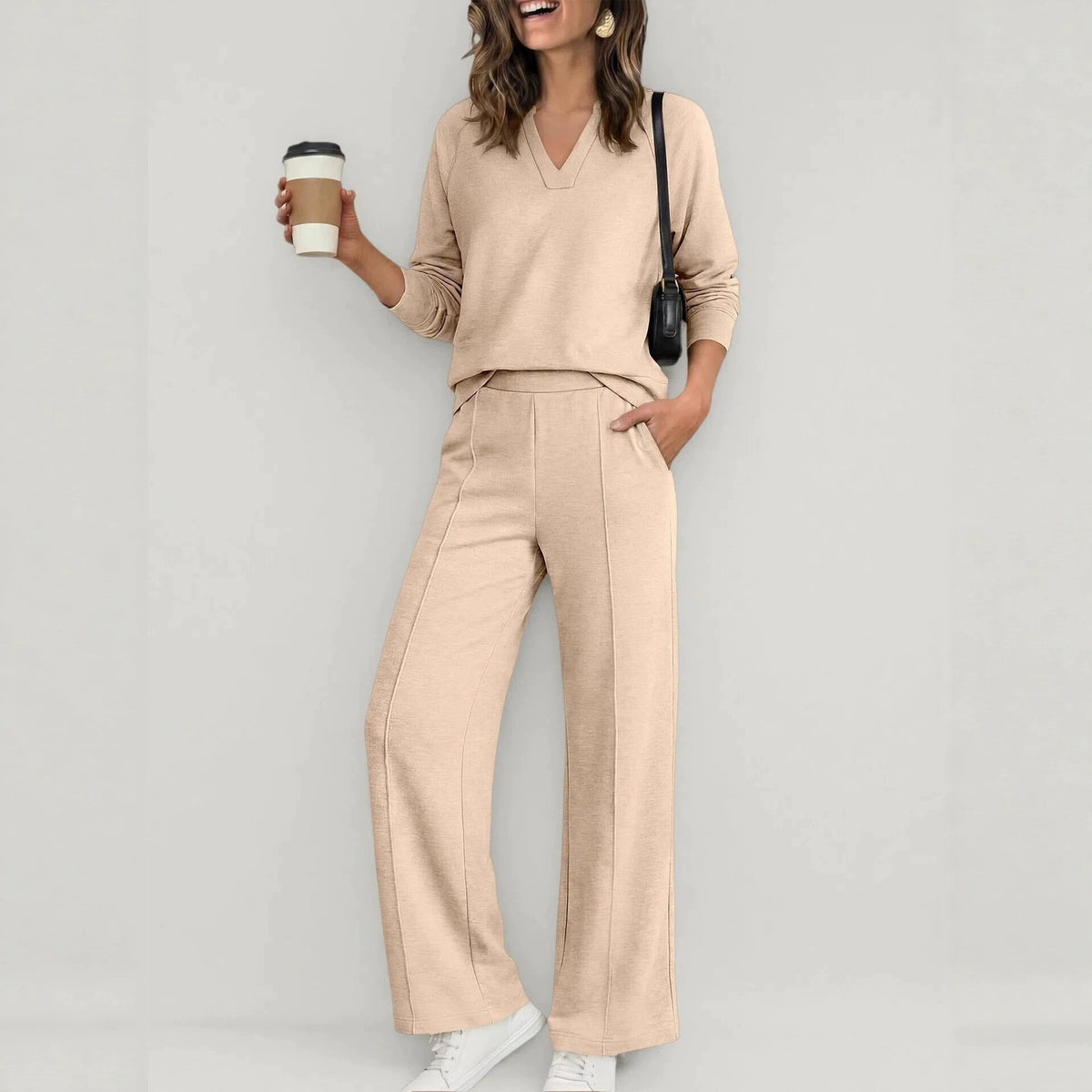 Women's Solid Color V-Neck Sweatshirt & Casual Trousers Set - product image 6