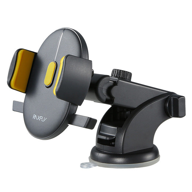 Black dashboard phone mount with yellow grip pads and telescopic arm