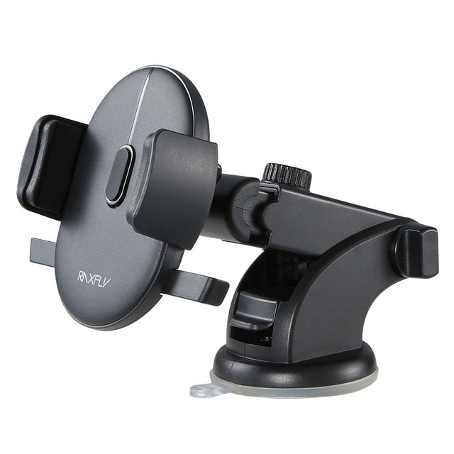 Black dashboard phone holder showing arm adjustment knobs and suction base