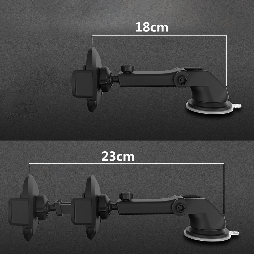 Car phone holder shown with a phone and multiple arm positions