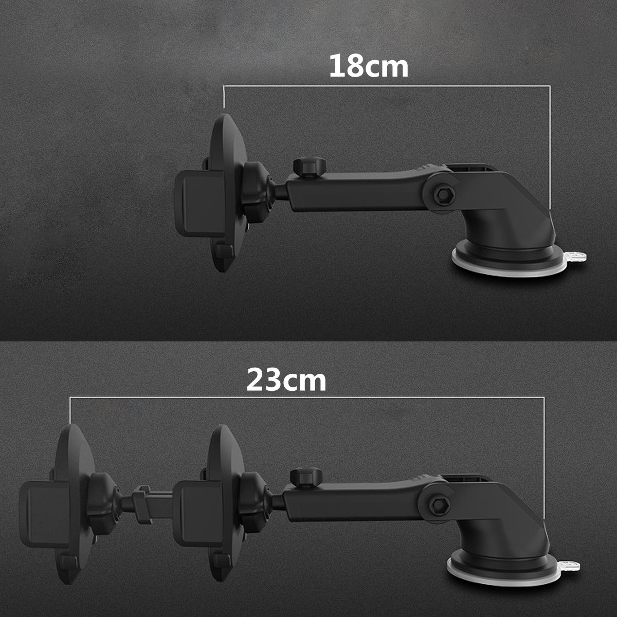 Car phone holder shown with a phone and multiple arm positions