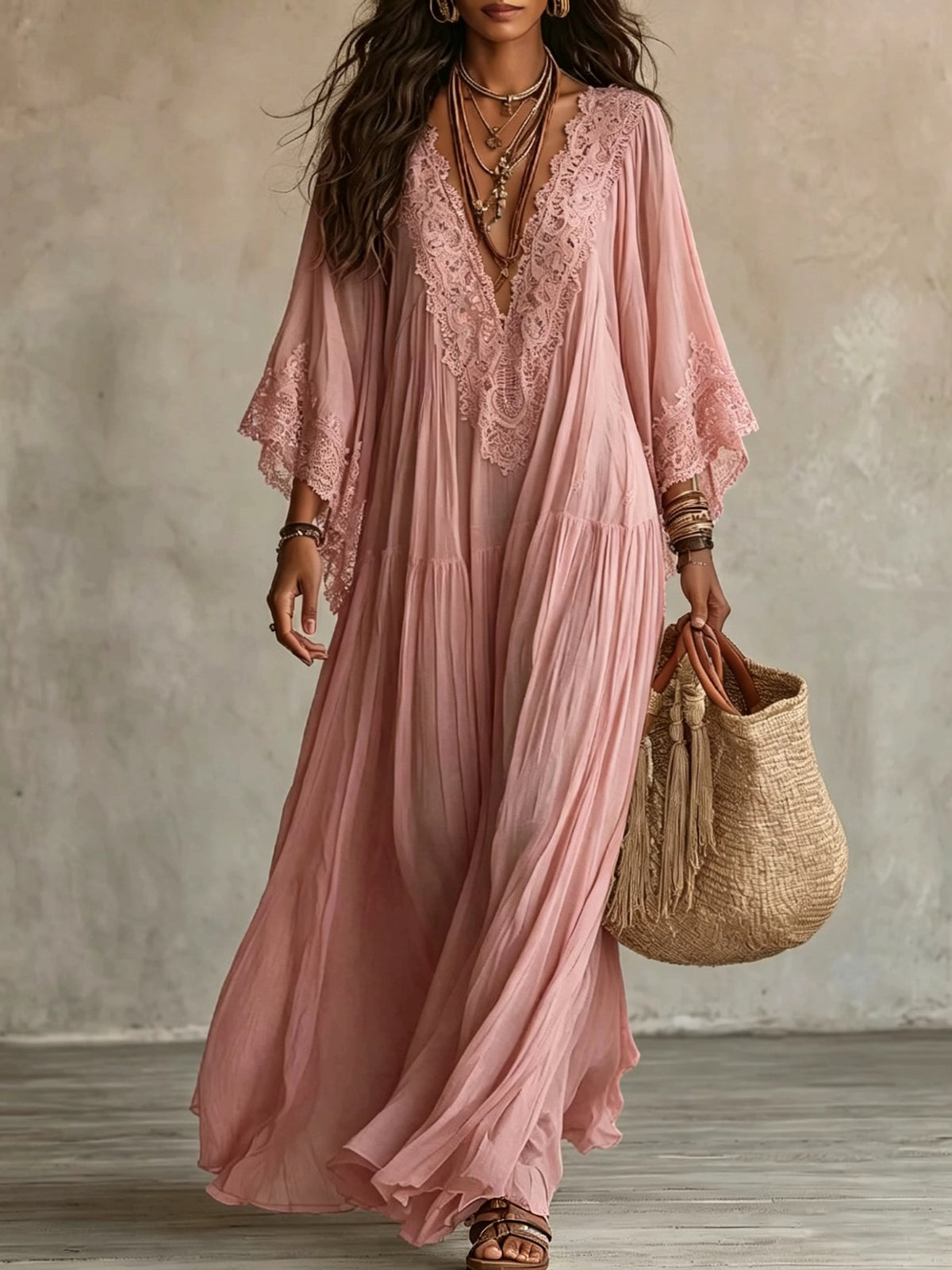Women's Lace Trim V-Neck Flowy Maxi Dress - product image 11