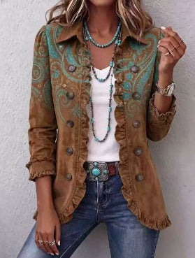 Brown retro jacket with teal floral print and ruffled front edges