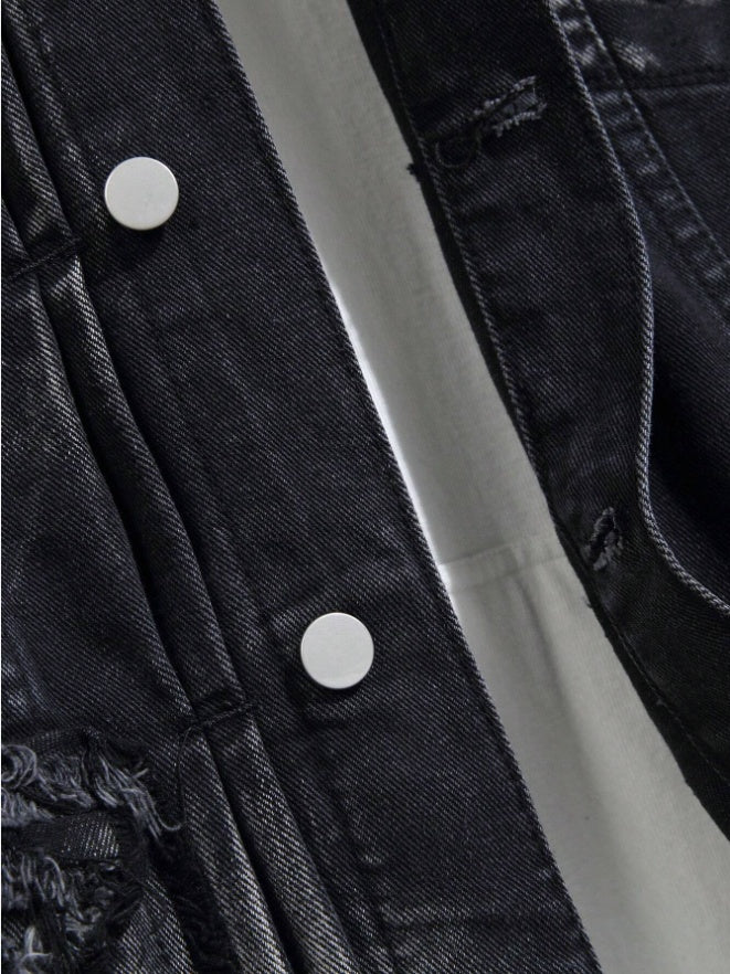Men's Distressed Black Denim Trucker Jacket - view 5