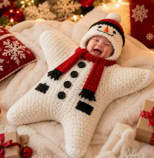 White snowman-style star-shaped crochet outfit with red scarf pictured on a baby