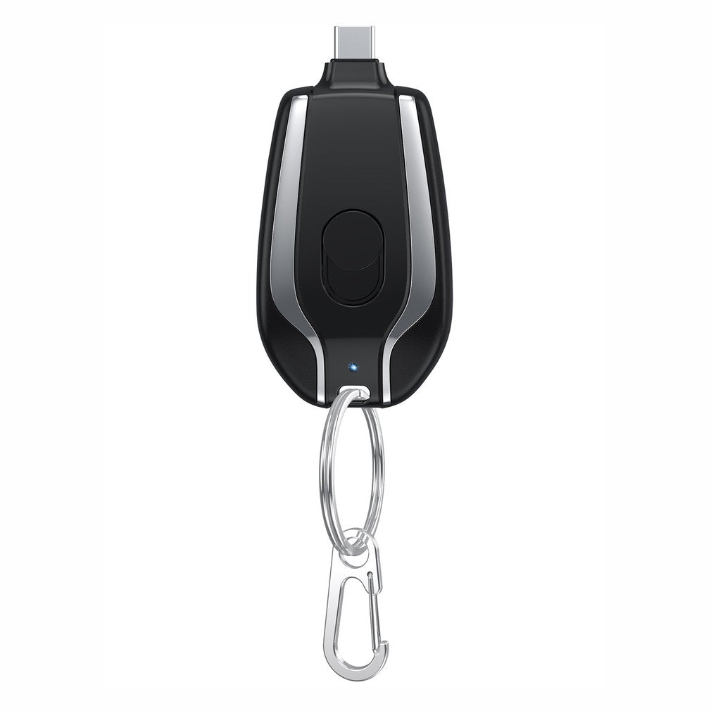 Black miniature power bank with built-in connector and keyring clip