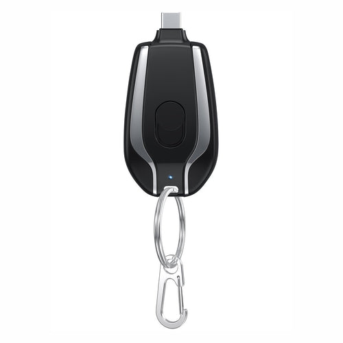 Black miniature power bank with built-in connector and keyring clip