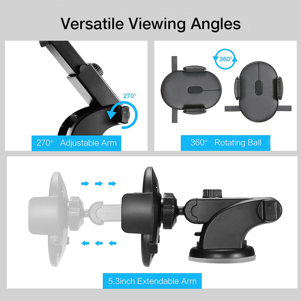 Diagram showing adjustable arm, rotating phone cradle and telescopic extension