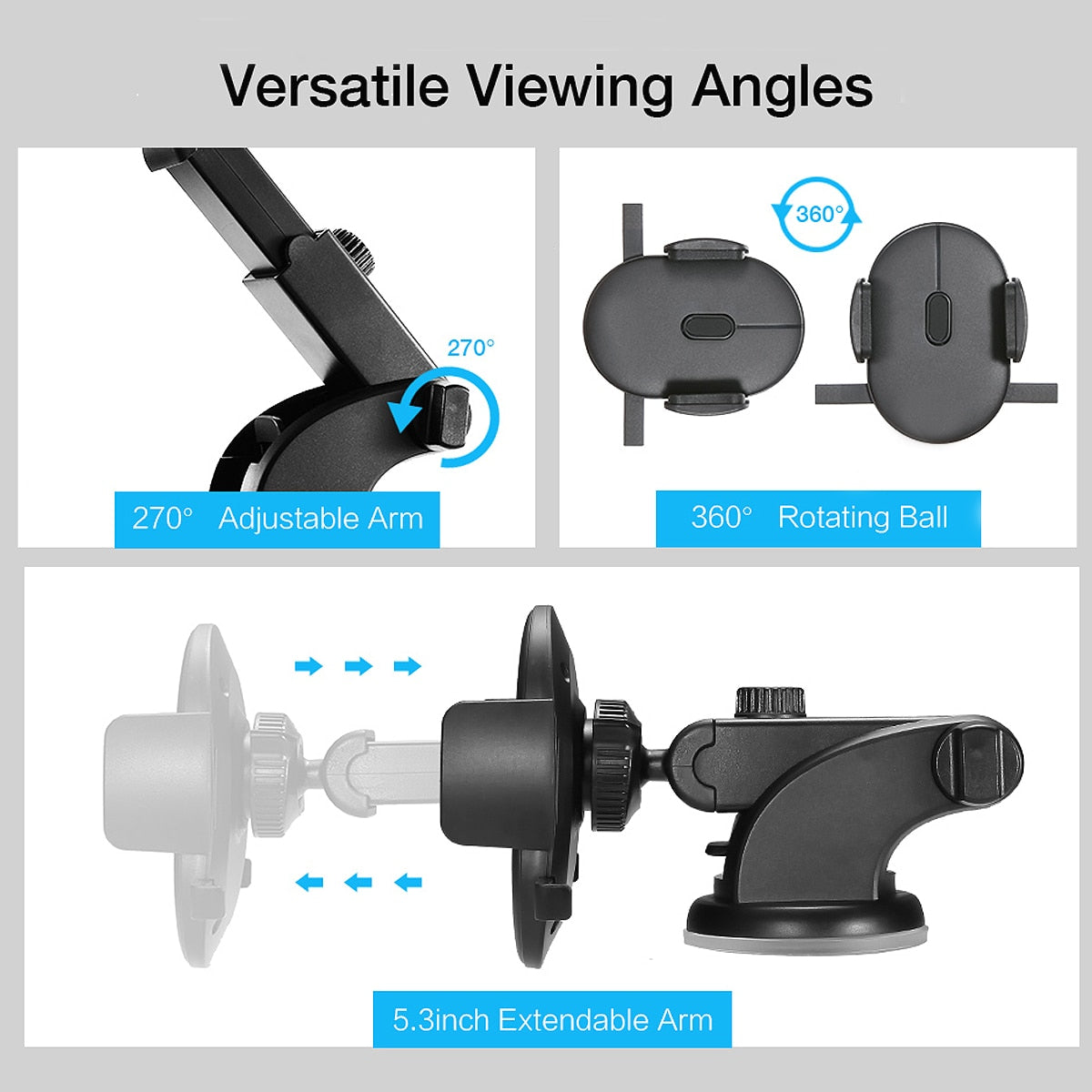 Diagram showing adjustable arm, rotating phone cradle and telescopic extension