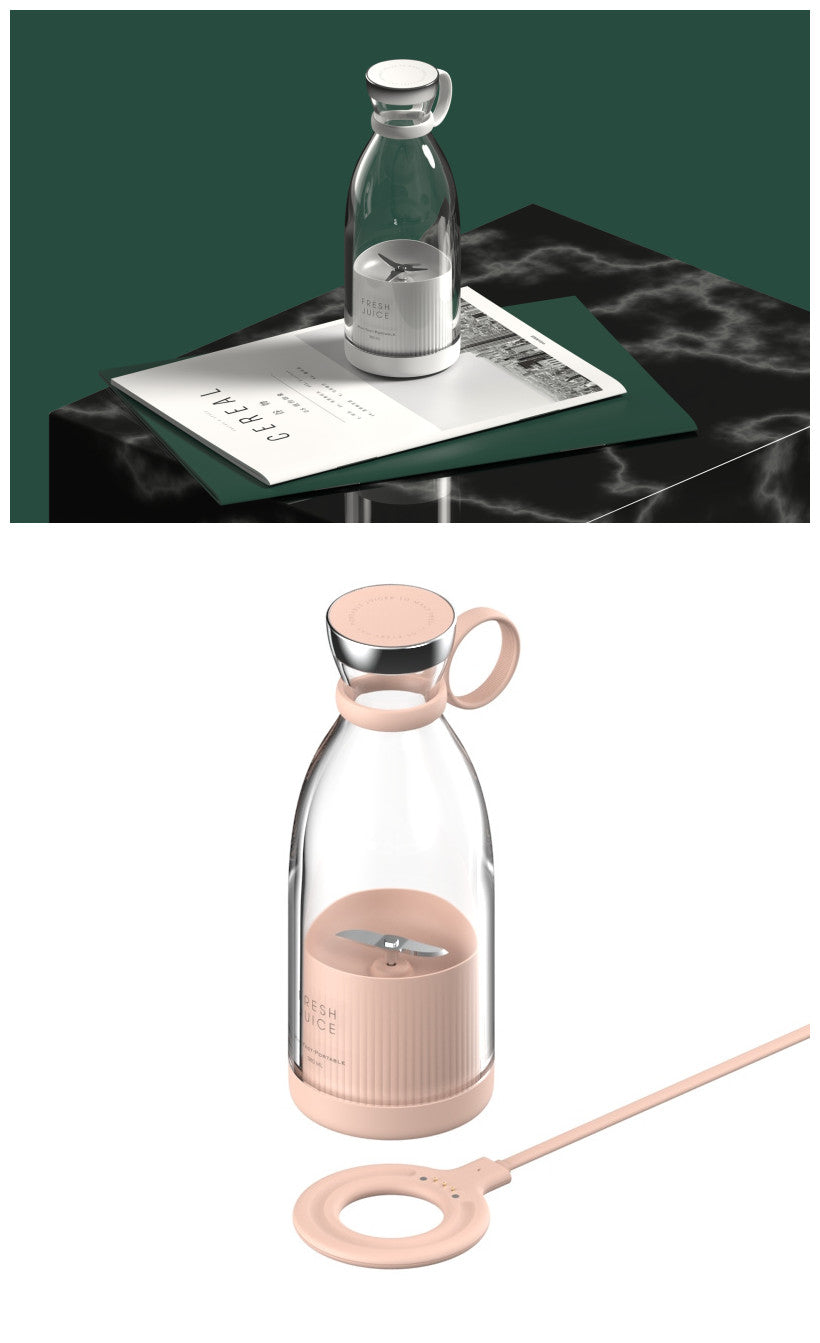 Collage of white portable blender and pink blender with charging accessory