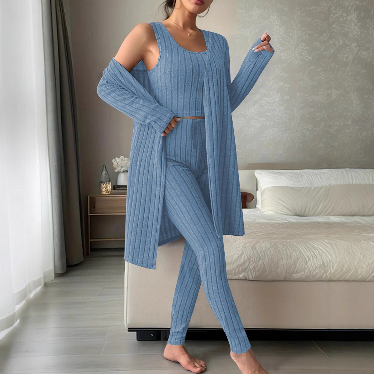 Women's Ribbed Knit 3-Piece Loungewear Set (Tank Top, Pants & Cardigan) - product image 6