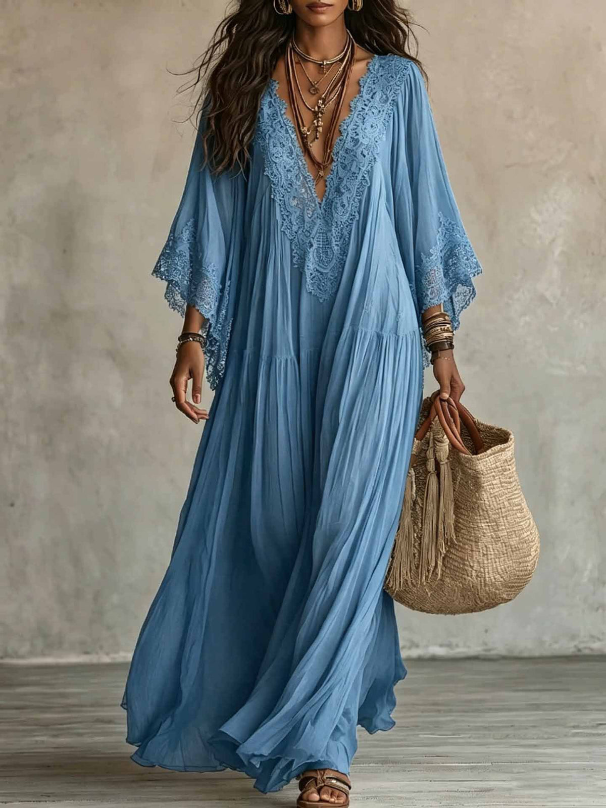 Women's Lace Trim V-Neck Flowy Maxi Dress - product image 6