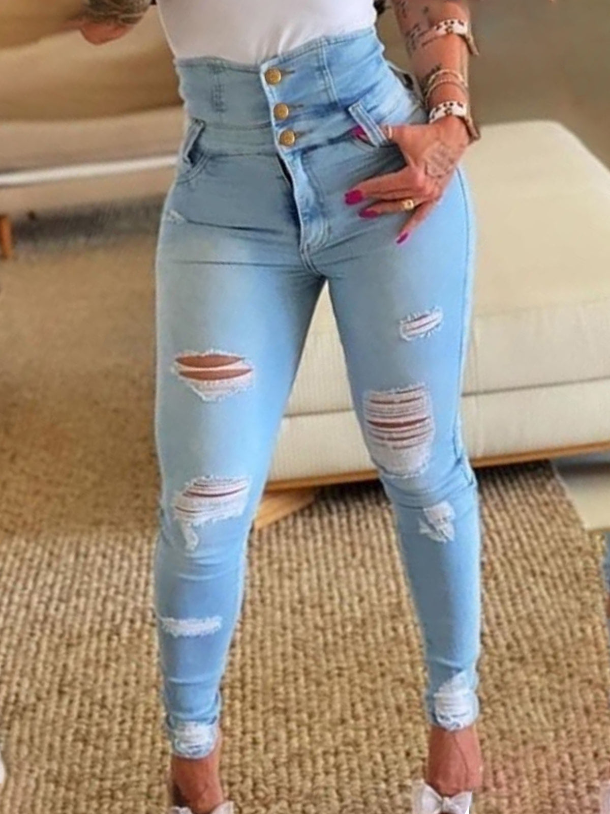 Women's High-Waisted Slim-Fit Ripped Jeans