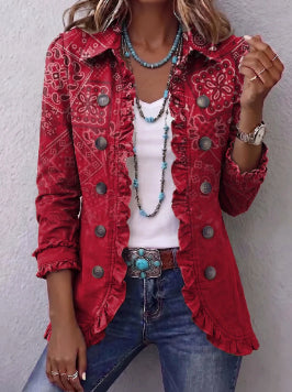 Red patterned jacket with decorative buttons and ruffled trim