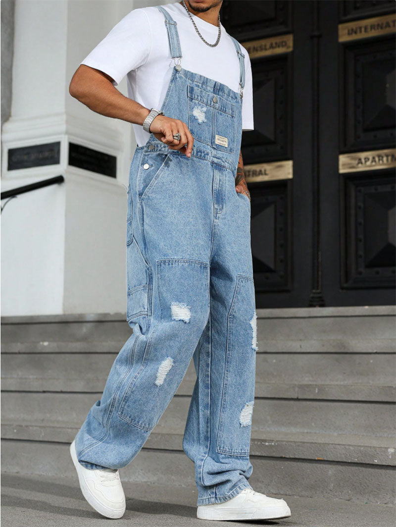 Men's Distressed Light Blue Denim Overalls - view 6