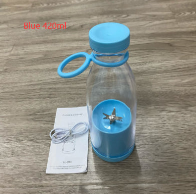 Blue portable blender pictured with cable and instructions, labeled 420 ml