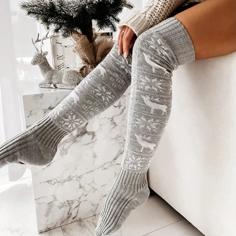 Christmas Thigh-High Knit Stockings – Elk & Snowflake Over-the-Knee Socks - product image 6
