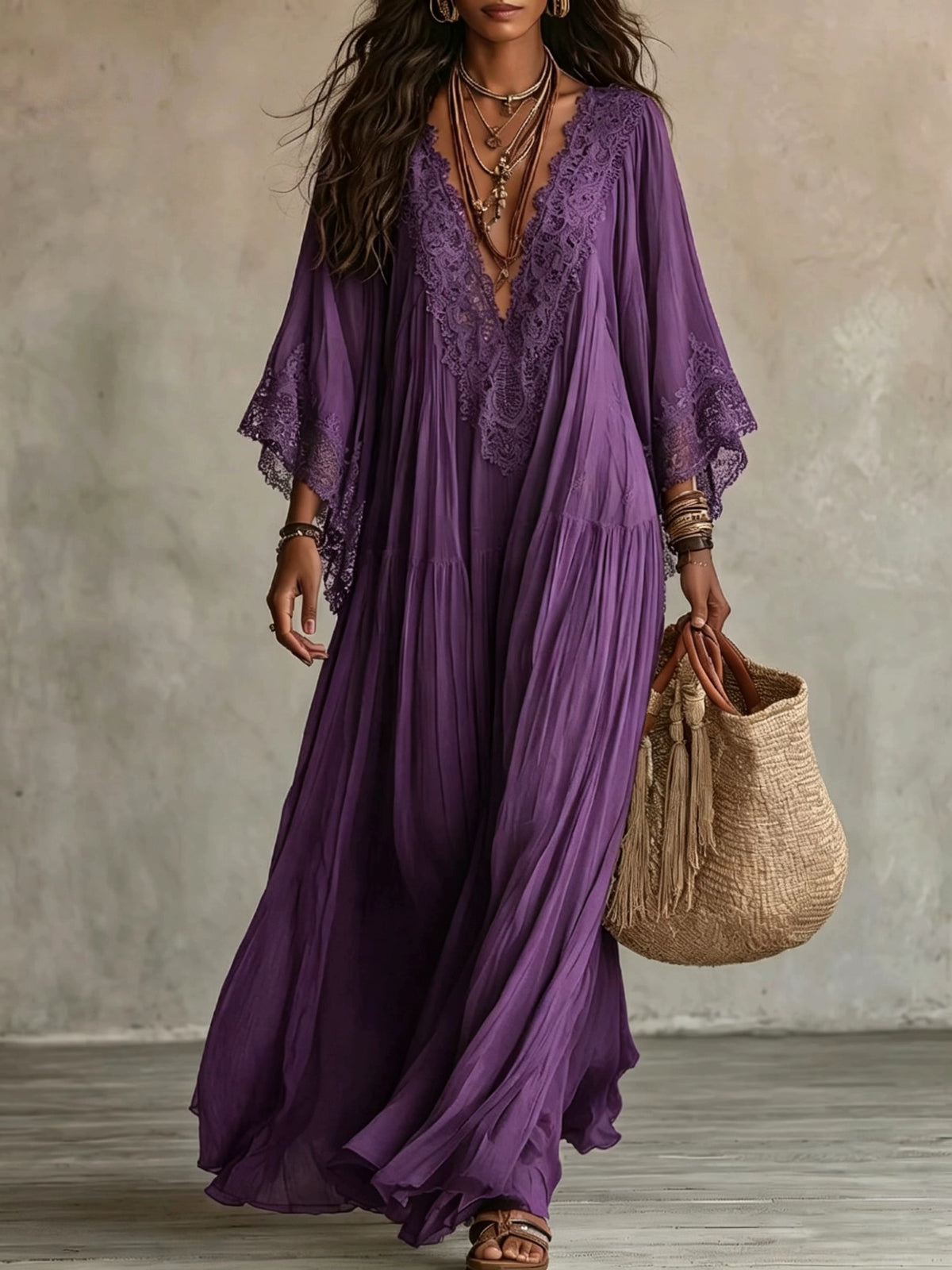 Women's Lace Trim V-Neck Flowy Maxi Dress - product image 12