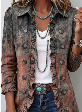Gray and muted pink printed retro jacket with ruffled front edges