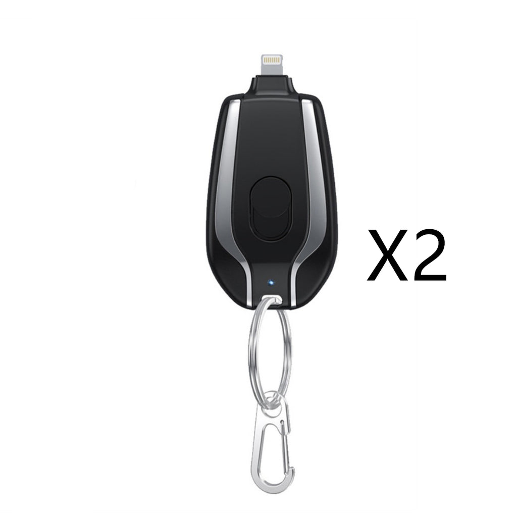 Black miniature power bank with keyring clip and X2 label