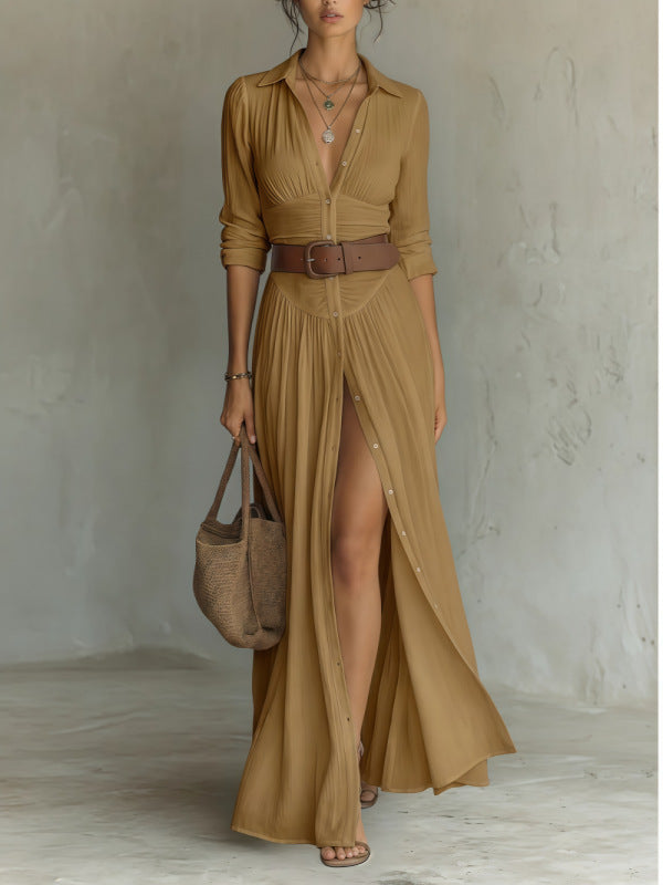 Brown collared maxi shirt dress styled with a brown belt and handbag
