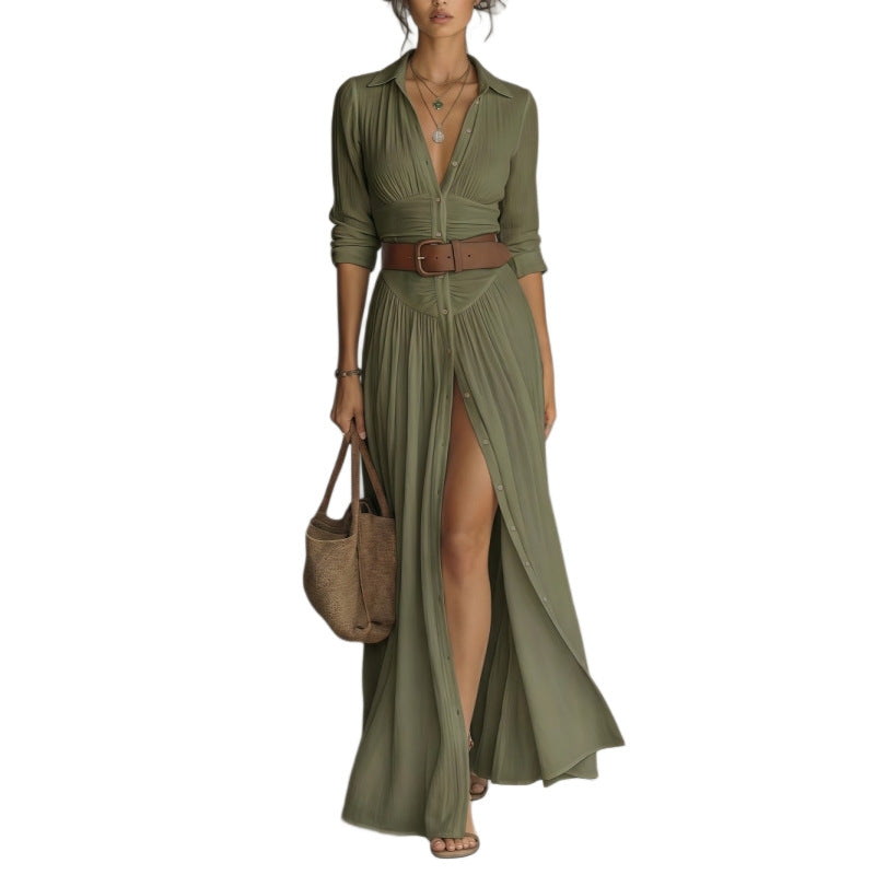 Olive collared maxi shirt dress isolated on white, styled with a brown belt