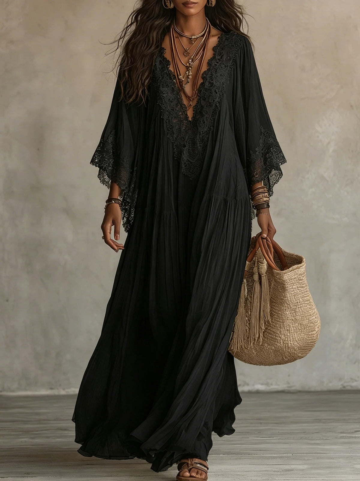 Women's Lace Trim V-Neck Flowy Maxi Dress - product image 7