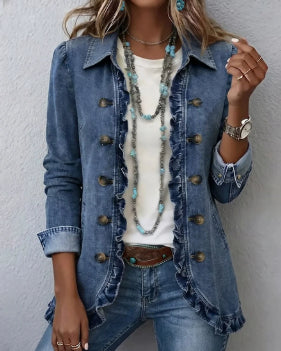 Blue denim-look jacket with ruffled front edges and decorative buttons