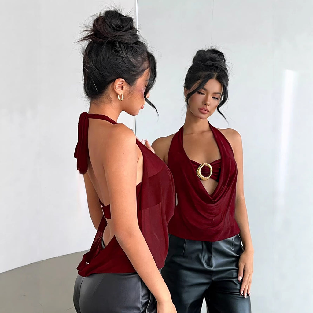 Women's Wine Red Sheer Mesh Halter Top - product image 4