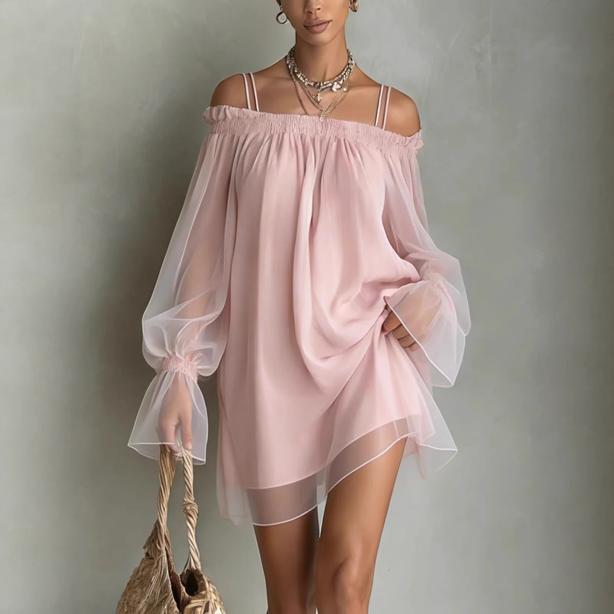 Women's Off-Shoulder Mesh Long Sleeve Mini Dress - product image 4