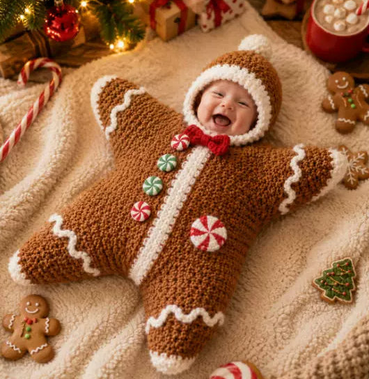 Brown gingerbread-style star-shaped crochet outfit with white trim and candy details pictured on a baby