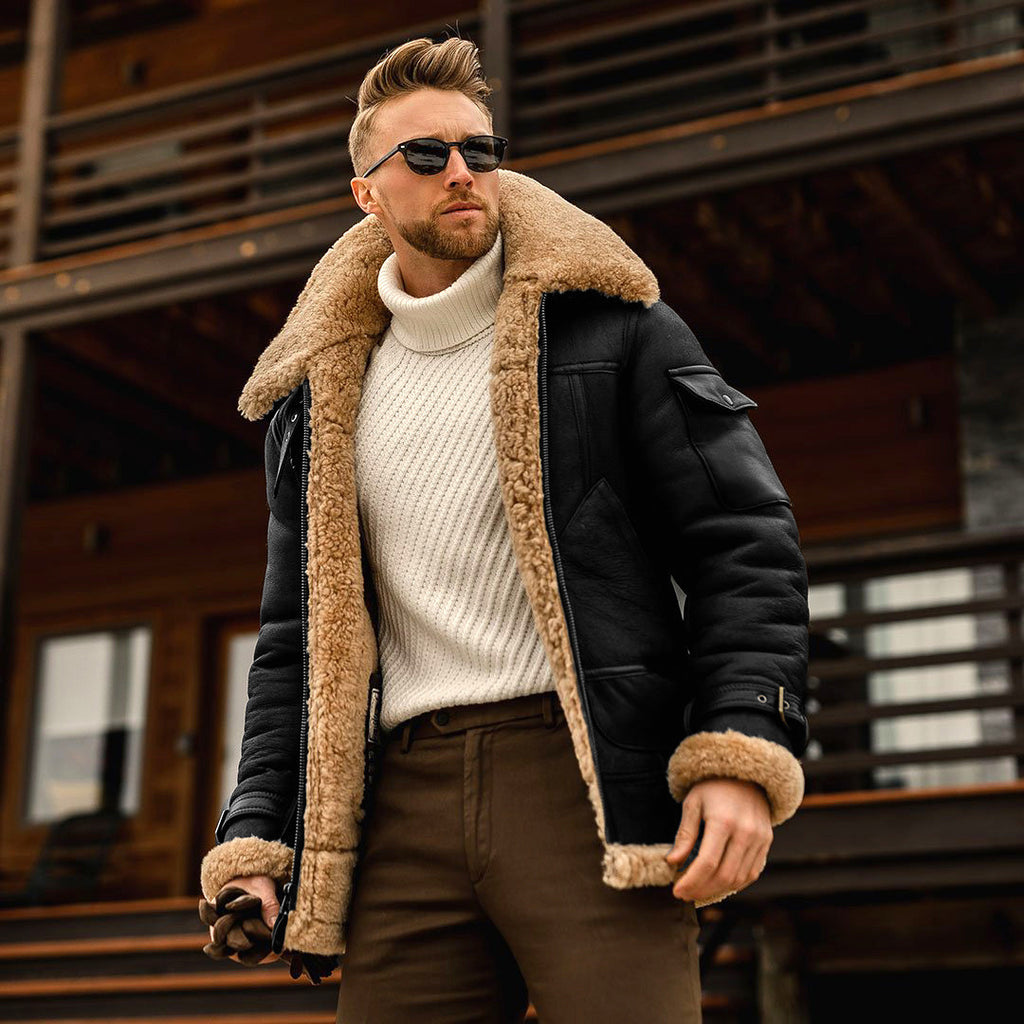 Black zip-front winter jacket with tan fleece-style collar and cuffs