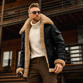 Black zip-front winter jacket with tan fleece-style collar and cuffs