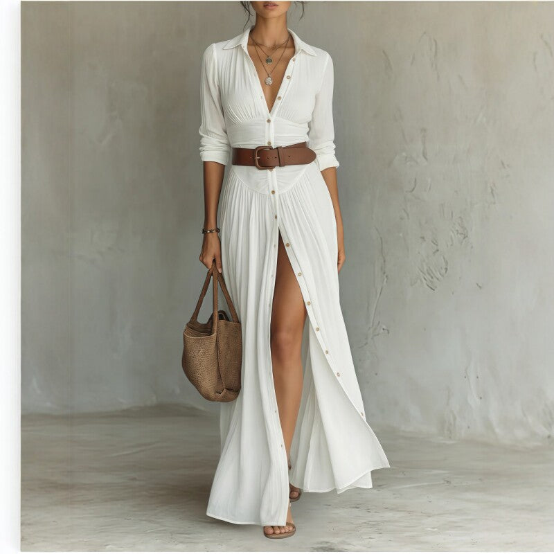 White button-front maxi shirt dress shown with three-quarter sleeves and a brown belt