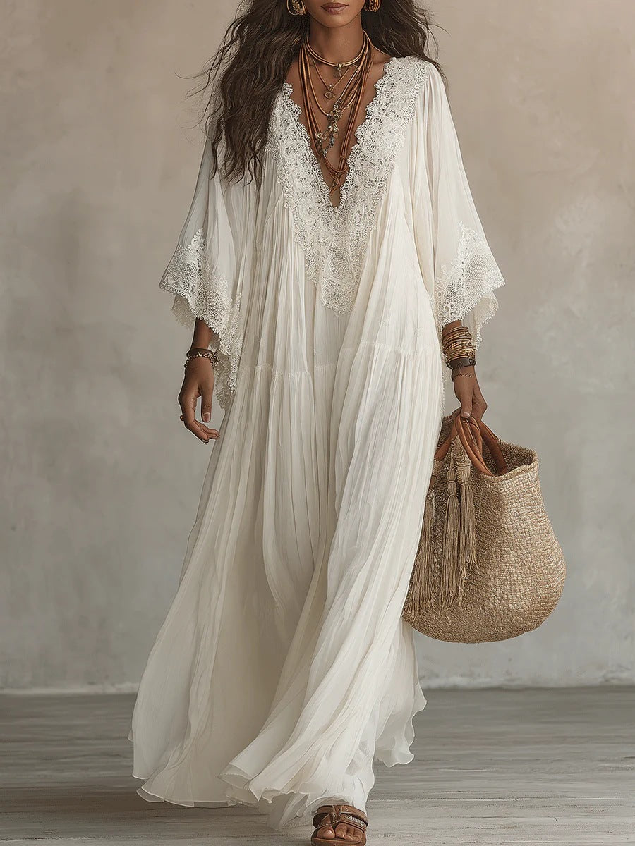 Women's Lace Trim V-Neck Flowy Maxi Dress - product image 10