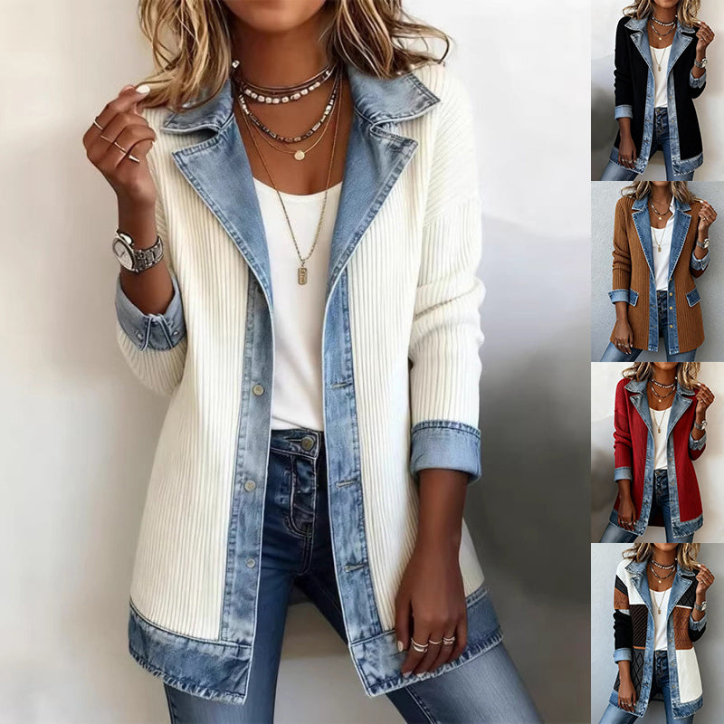 Women's Denim Patchwork Button-Down Jacket