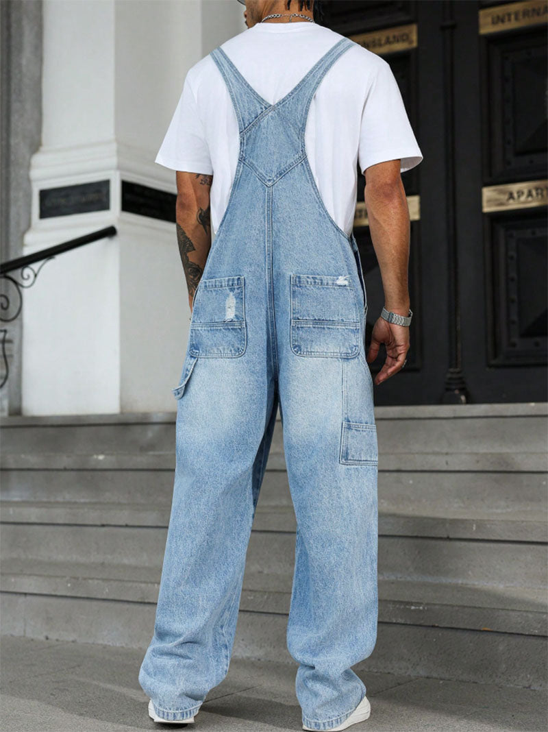Men's Distressed Light Blue Denim Overalls - view 4