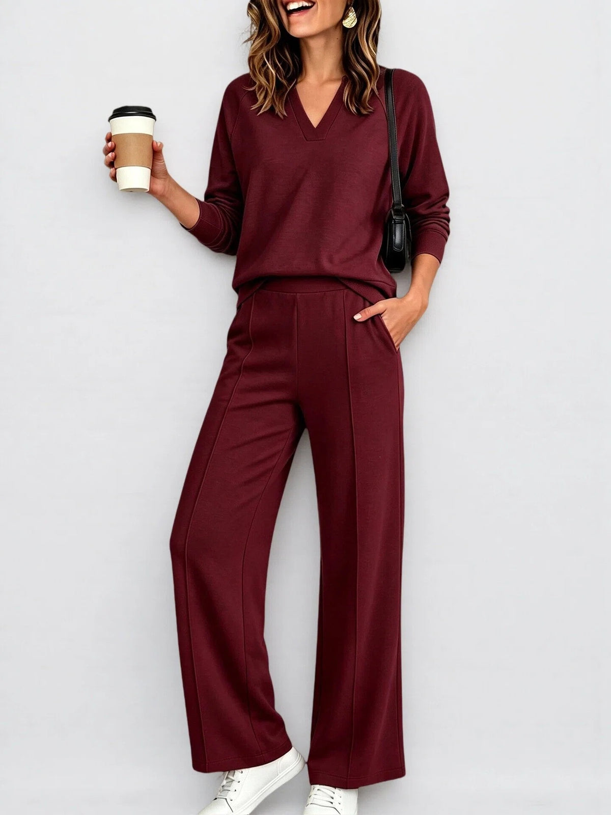 Women's Solid Color V-Neck Sweatshirt & Casual Trousers Set - product image 5