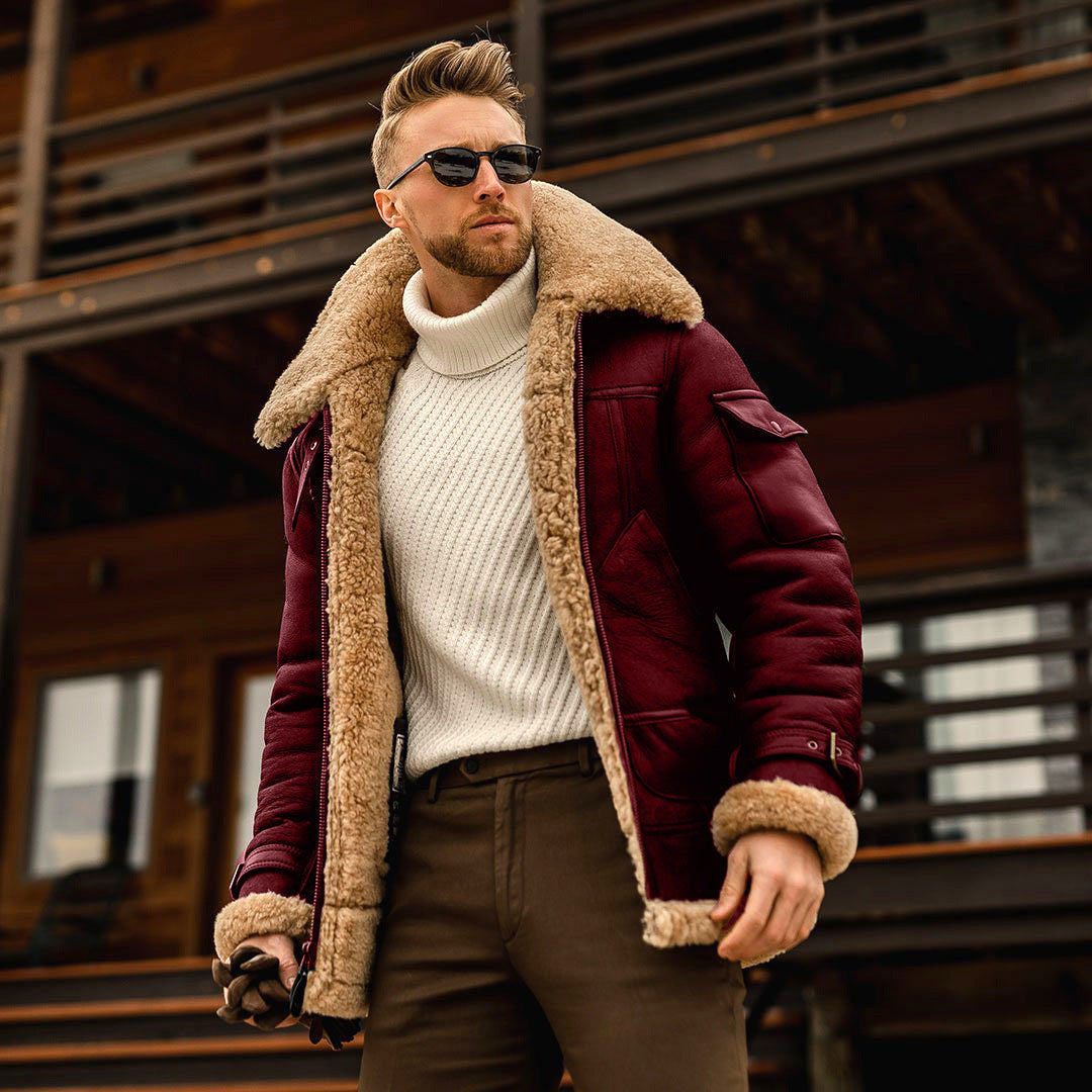 Wine-red jacket with tan fleece-style trim shown on a model